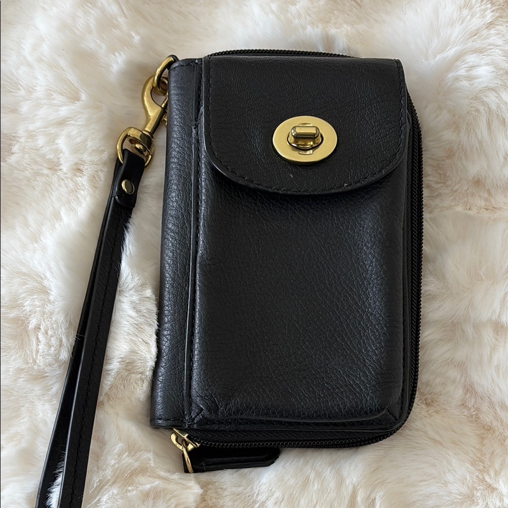 Coach Black Leather Wristlet with Gold Hardware